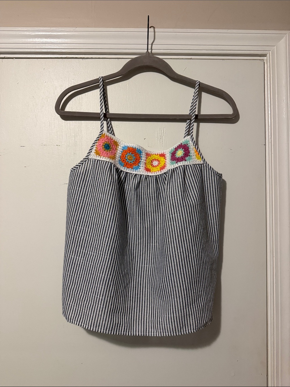 SHEIN Navy & White Striped Tank with Multicolor Crochet Yoke